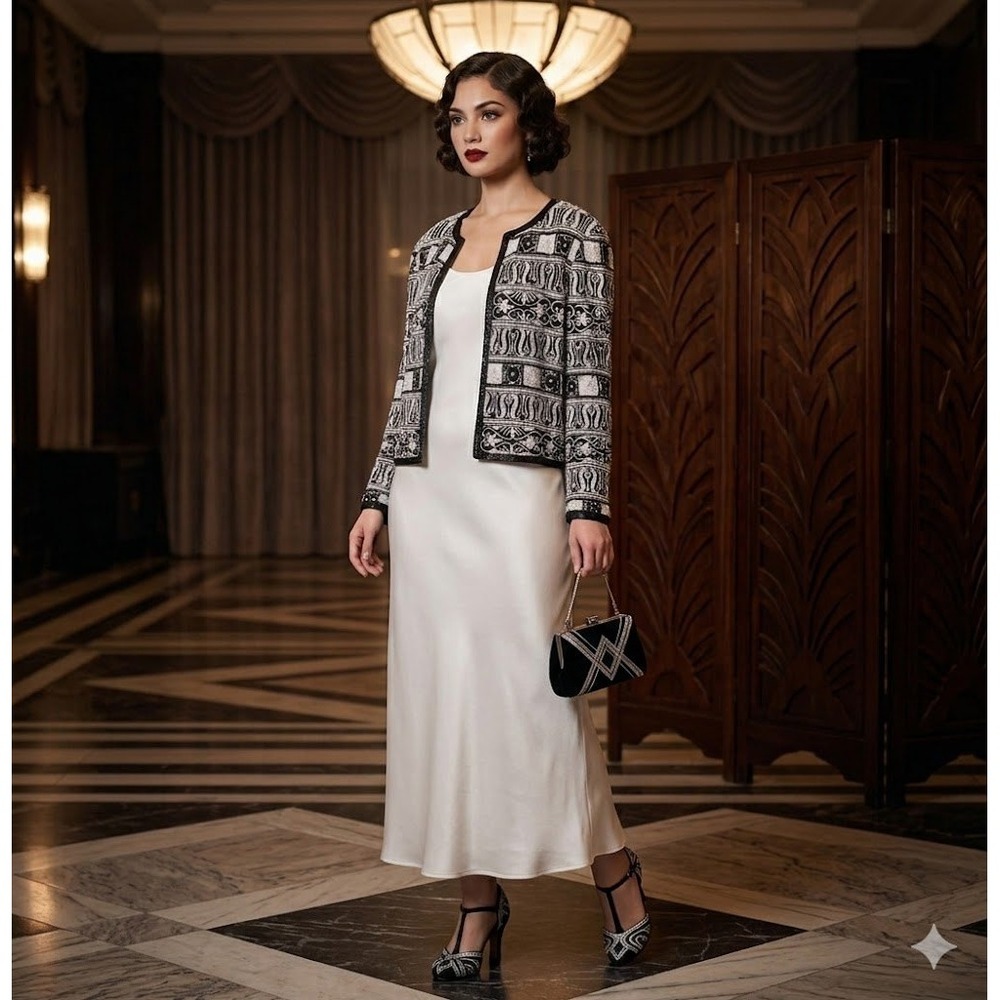 Vintage Nipon Night Silk Beaded Jacket Black White Sequin Art Deco Evening M